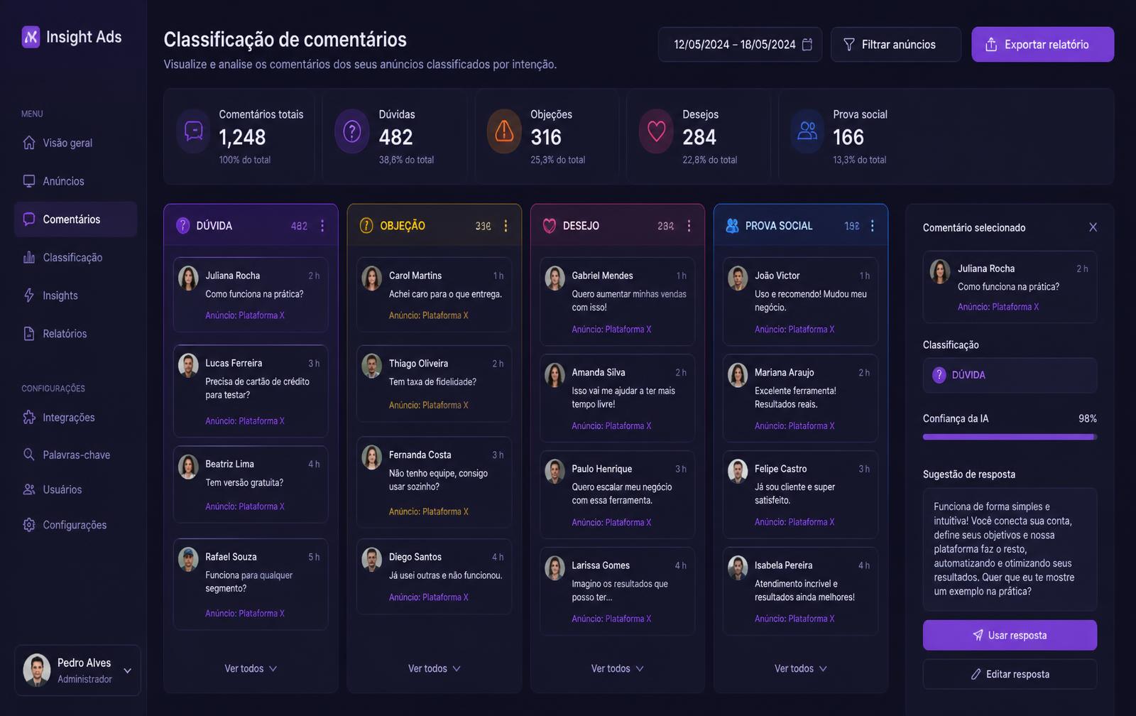 Comentários separados por intenção